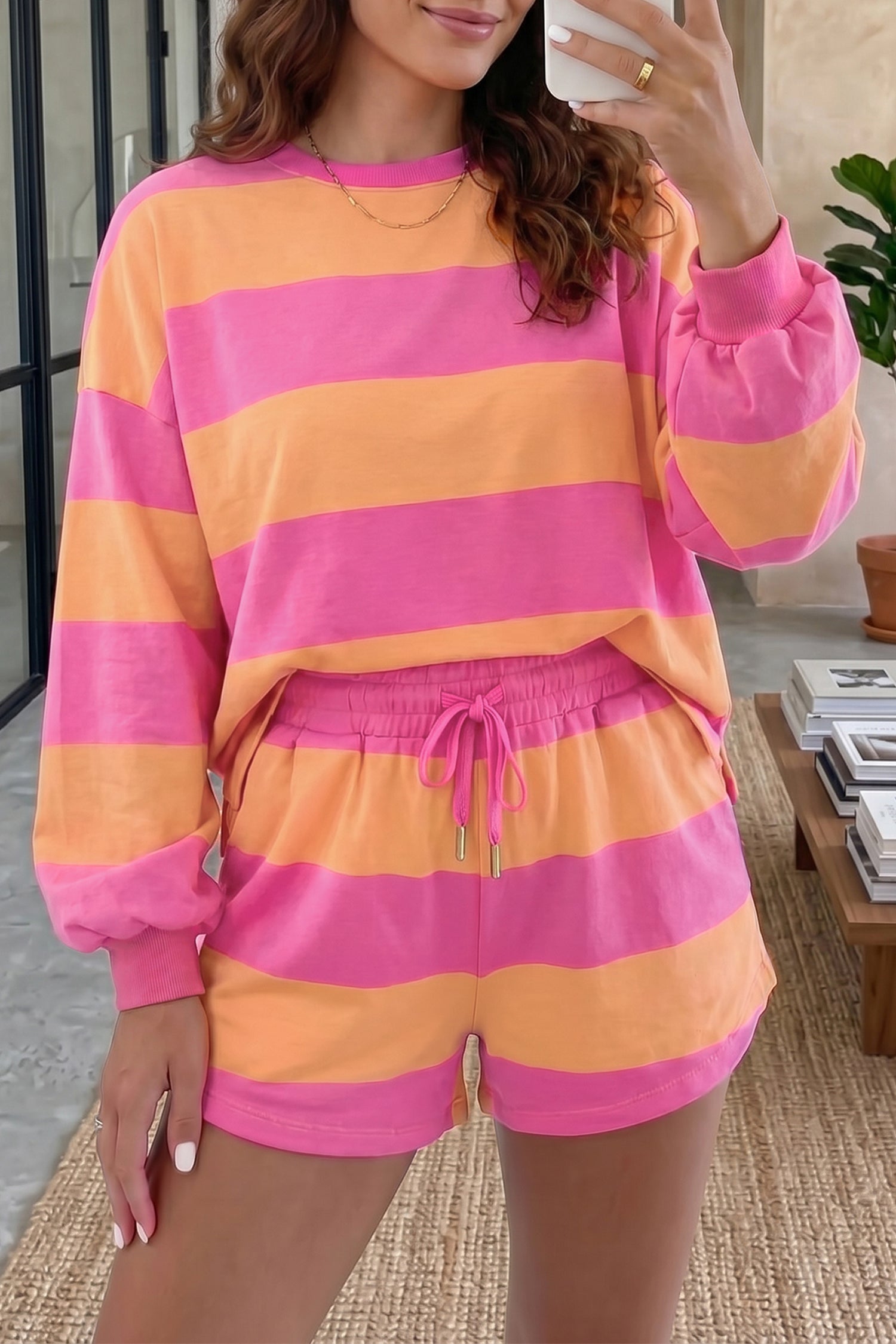 Stripe Top Long-Sleeved Everyday Drawcord Shorts 2-Piece Outfit in Pink