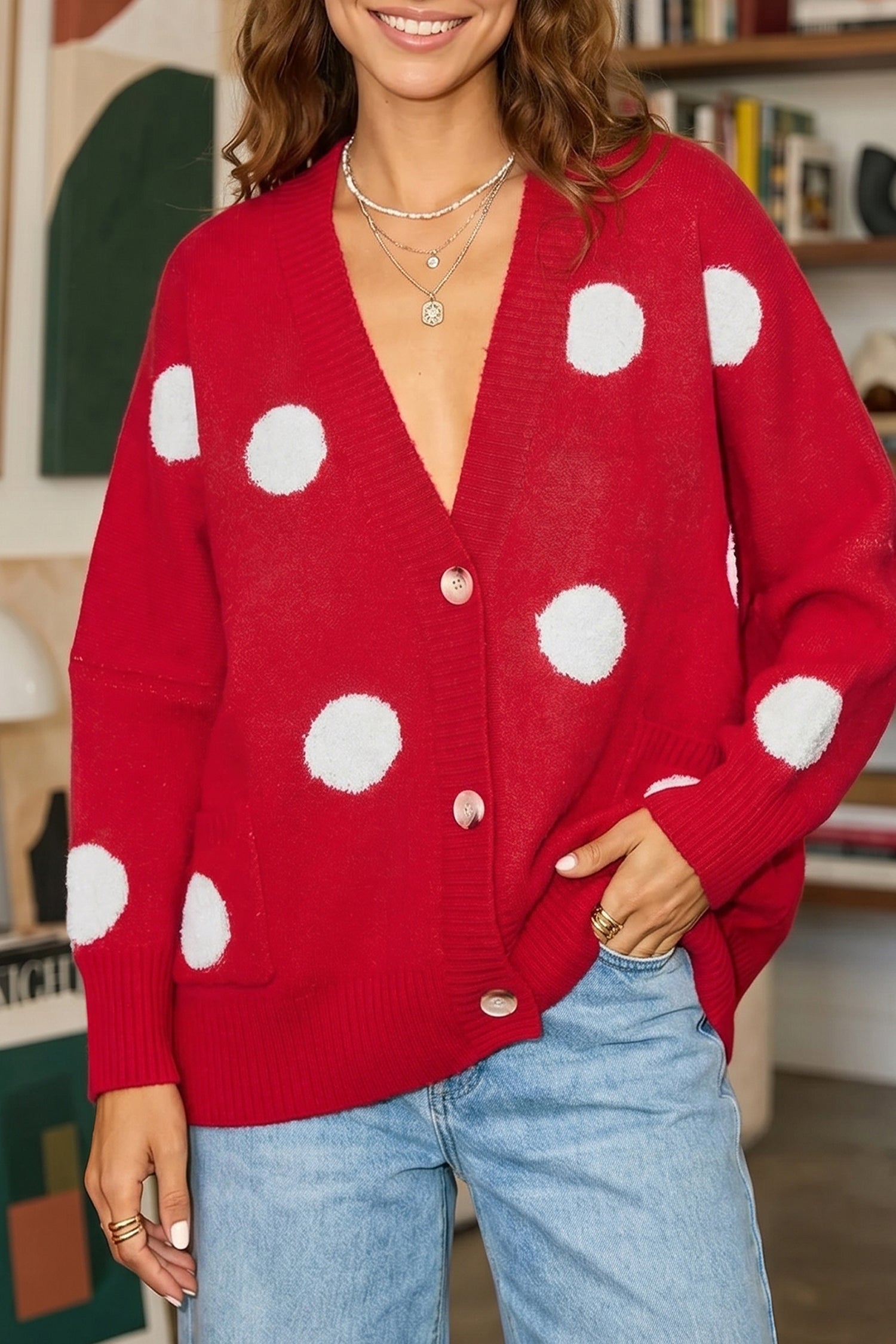 Front Polka-Dot Button Roomy V-Neck Cardigan in Red