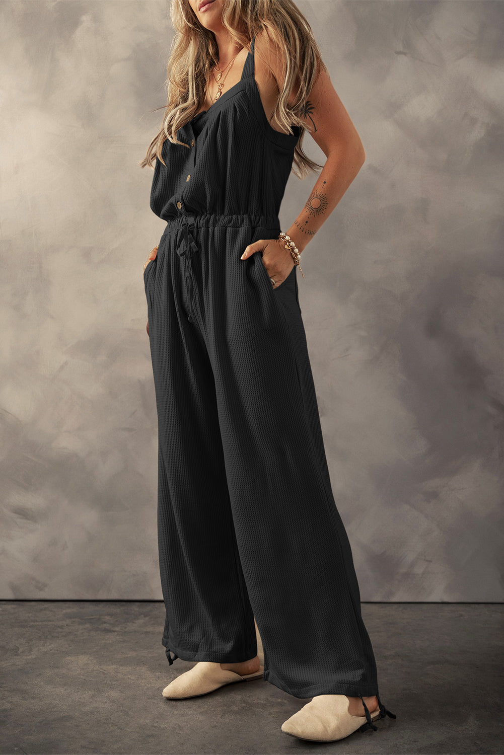 Jumpsuit for Women Button Drawcord Straps