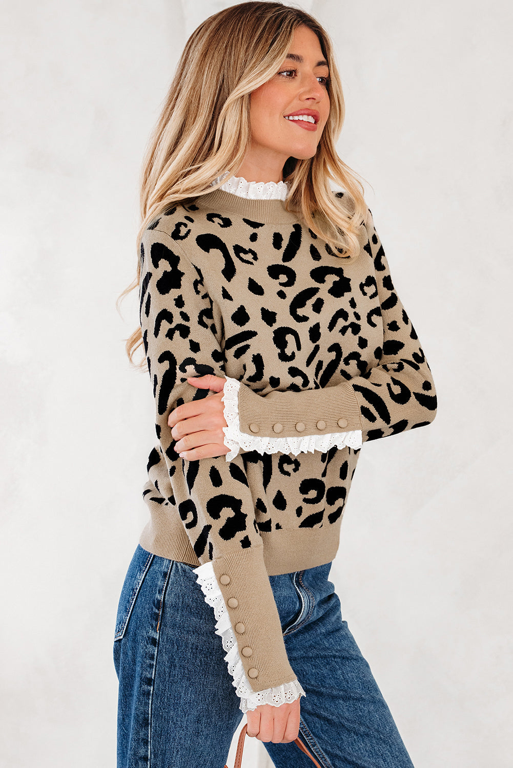 Pattern Lace Leopard Lace Rib-Knit Detail Button Cuffed Knit Top