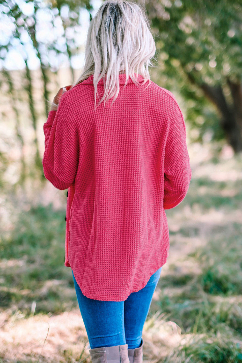 Women's Shirt Featuring Waffle Knitted Button Up Everyday