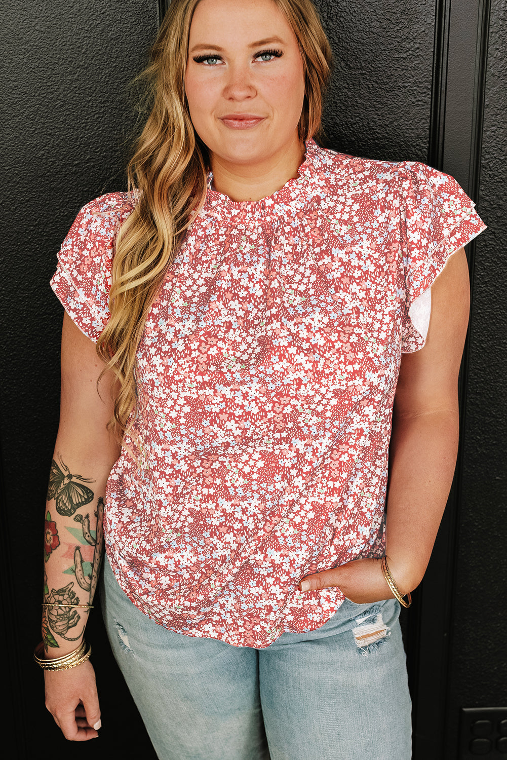 Women's Blouse Featuring Frill-Trimmed Neck Plus Size Floral-Print