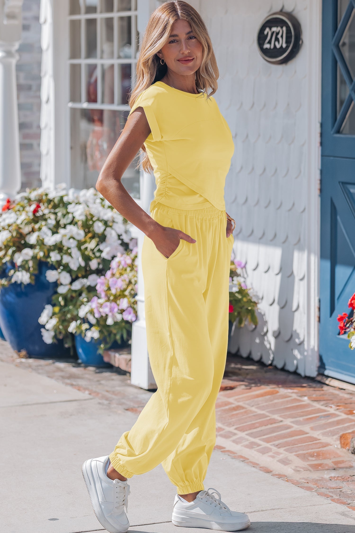Solid Cropped Cream Cropped Tank Top and Jogger Pants Set in Yellow