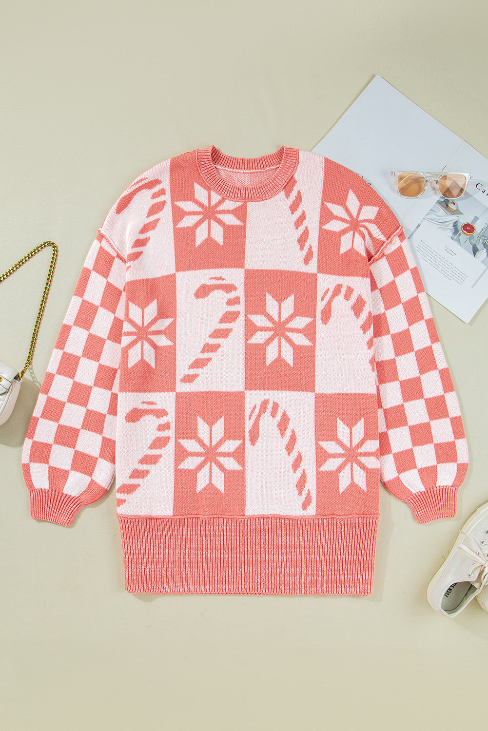 Snowflake Checker Candycane Checker Christmas Holiday Drop-Shoulder Tunic Loose Knit Top