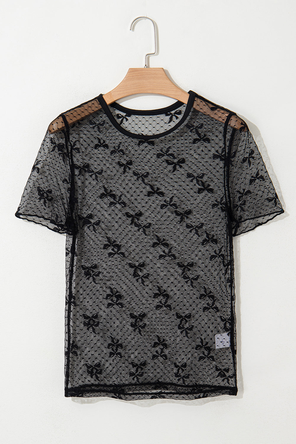 Bow See-through Knot Dotted Mesh Patched Slim Fit Blouse