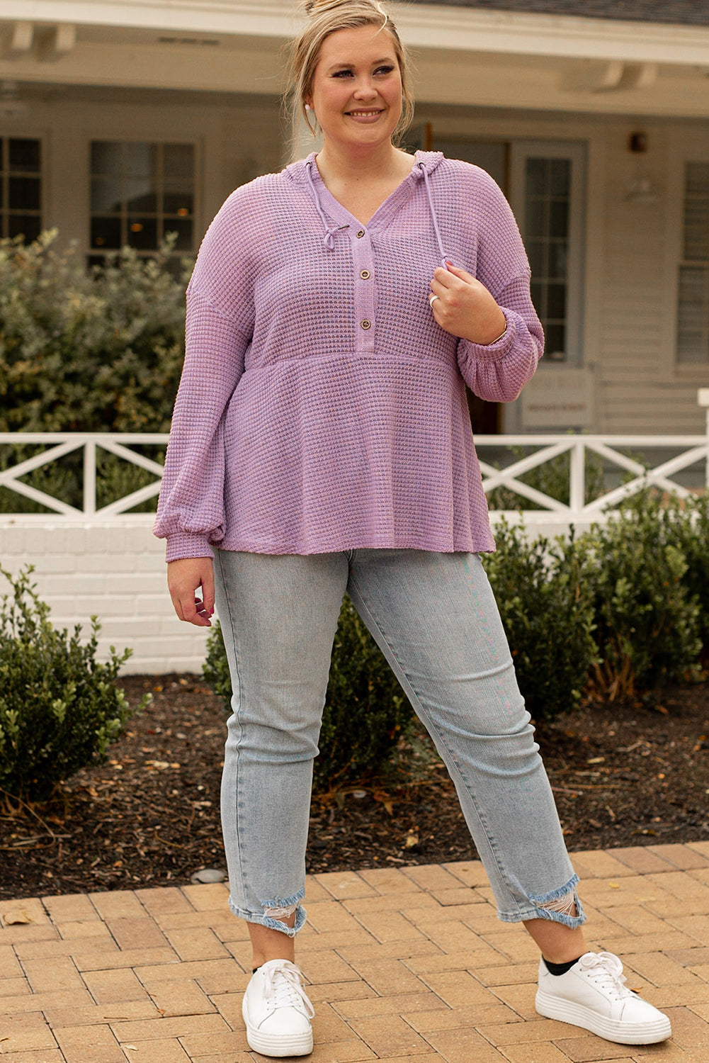 Women's Knit Top Featuring Hooded Waffle Plus Size