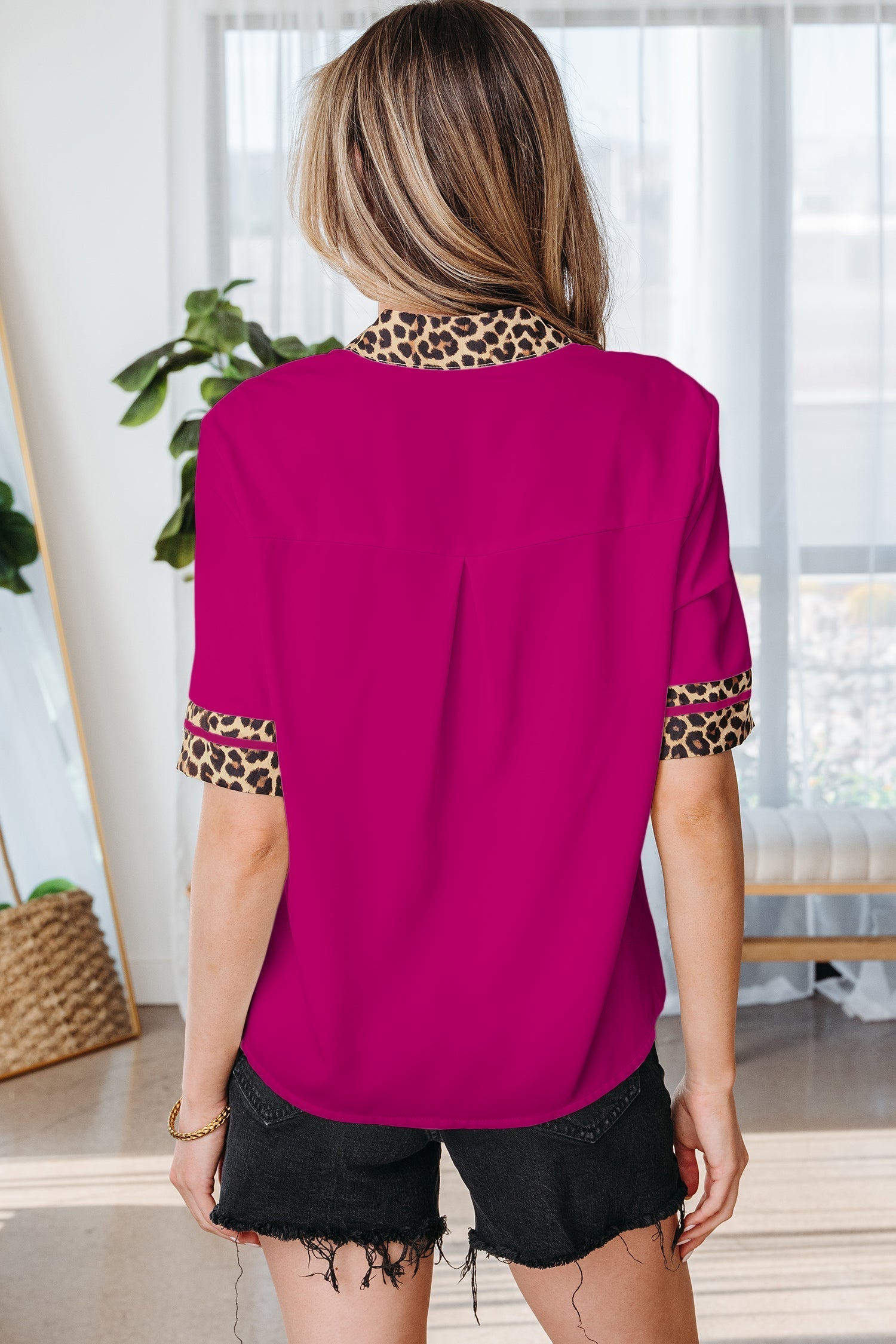 Violet Leopard Trim Split Neck Short-Sleeved Blouse