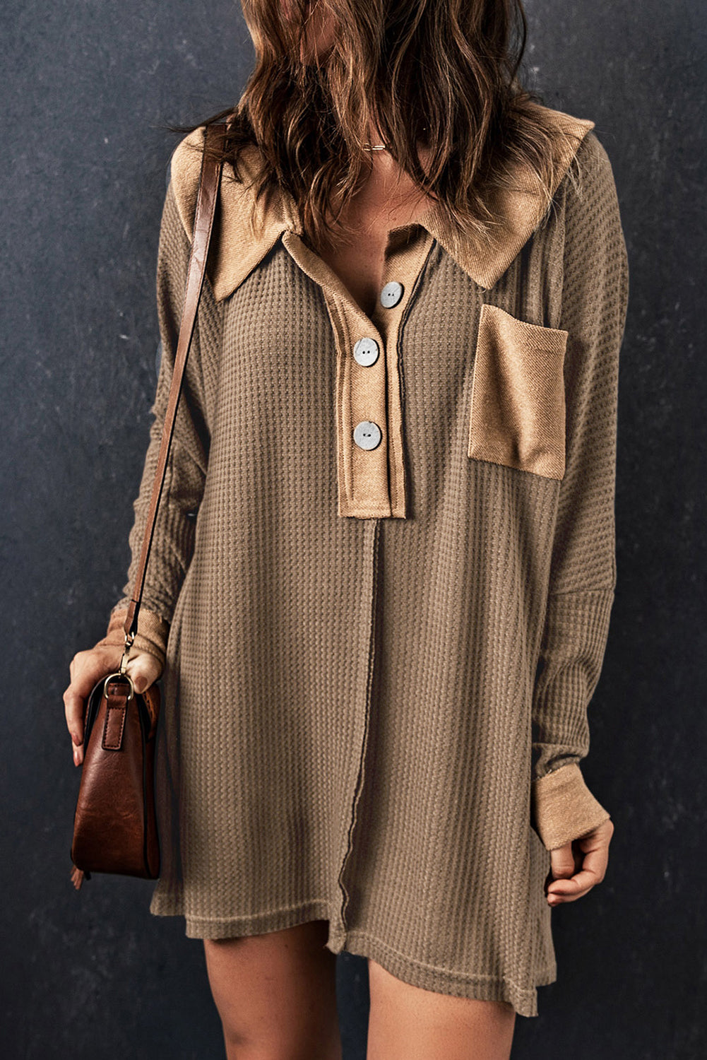 Top for Women Long-Sleeve Waffle Knitted