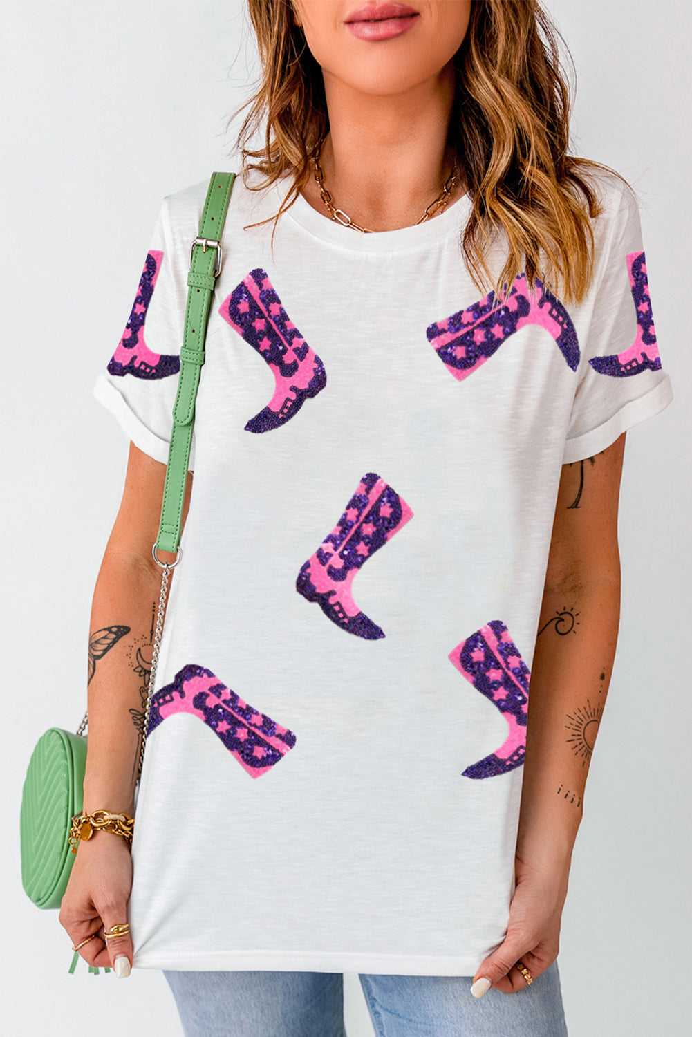 Women's T Shirt Featuring Neck Sequin Western Boots Round