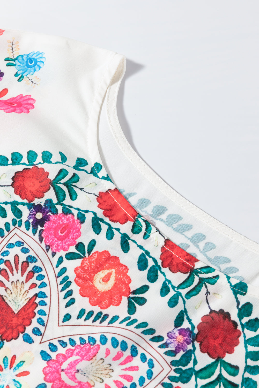 Boho Floral Print Round Neck Ruffle Trim Blouse