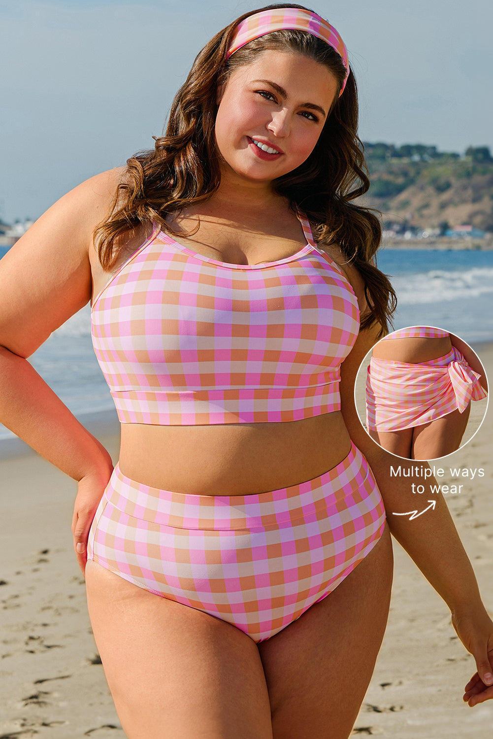 Plus Size Pink Plaid Print High Waist Bikini Set