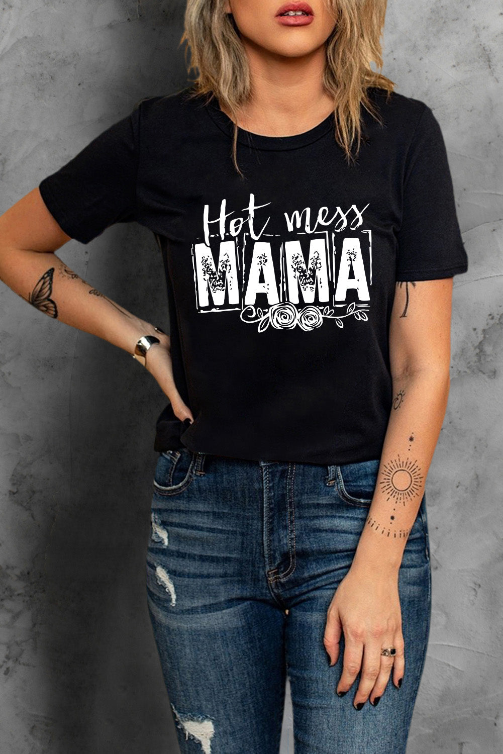 Women's T Shirt with MAMA Hot Mess Graphic-Print Print Short-Sleeve