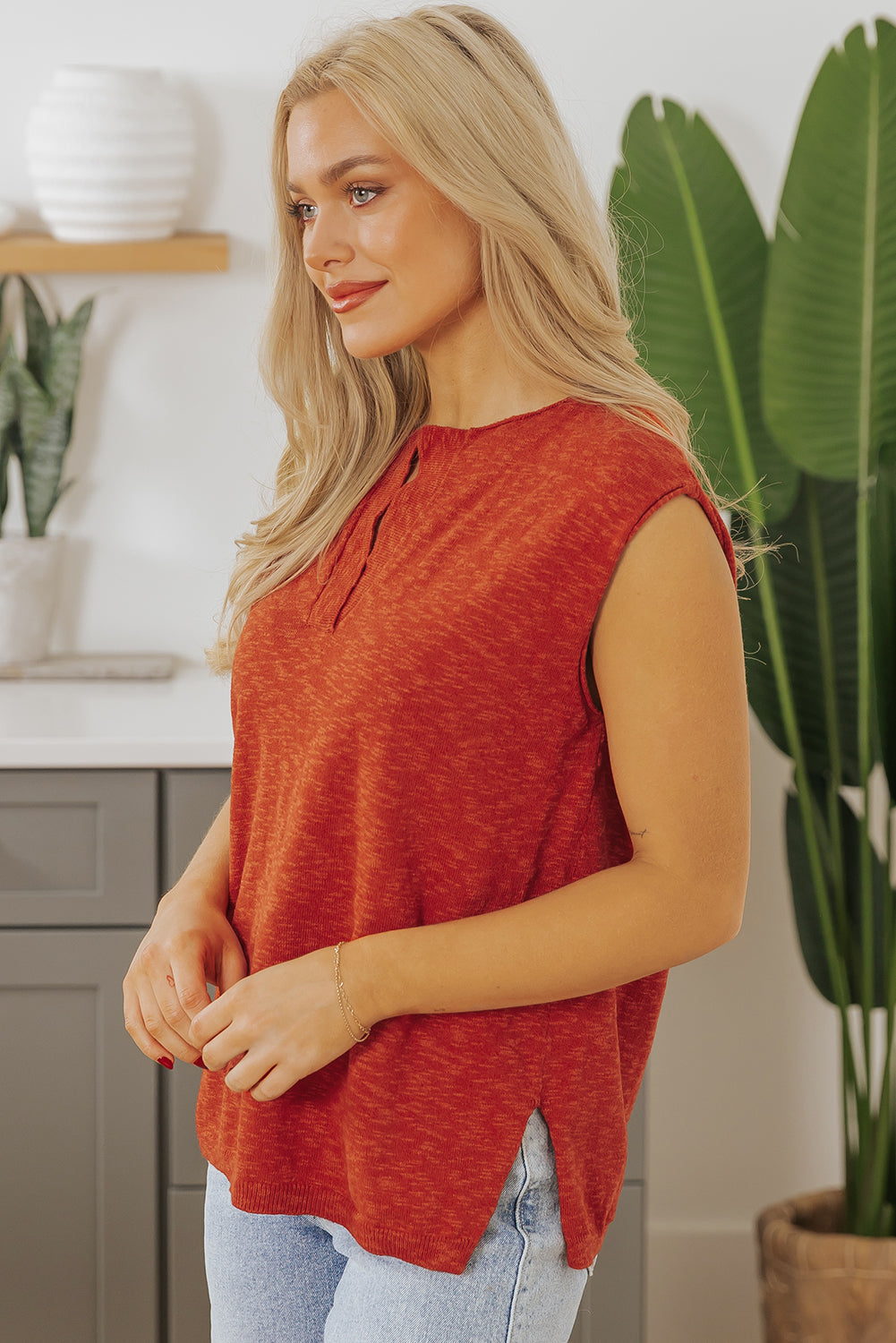 Solid Color Split V Neck Short Sleeve Sweater