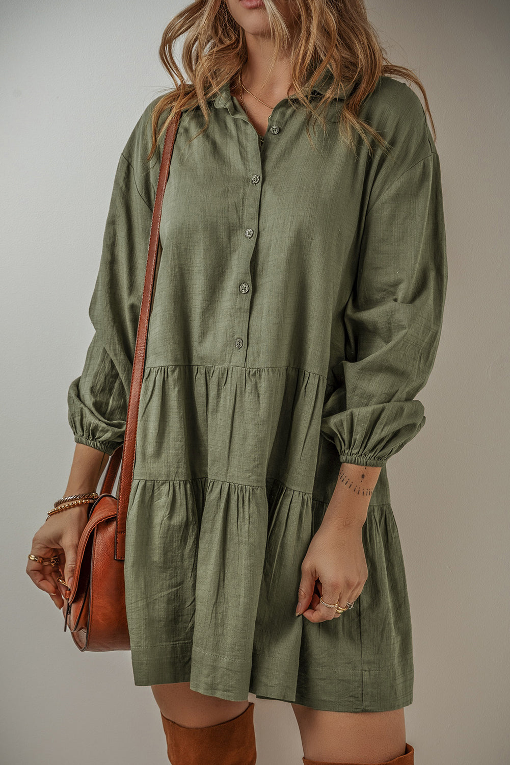 Women's Mini Dress Featuring Shirt Layered Pleat-Detail