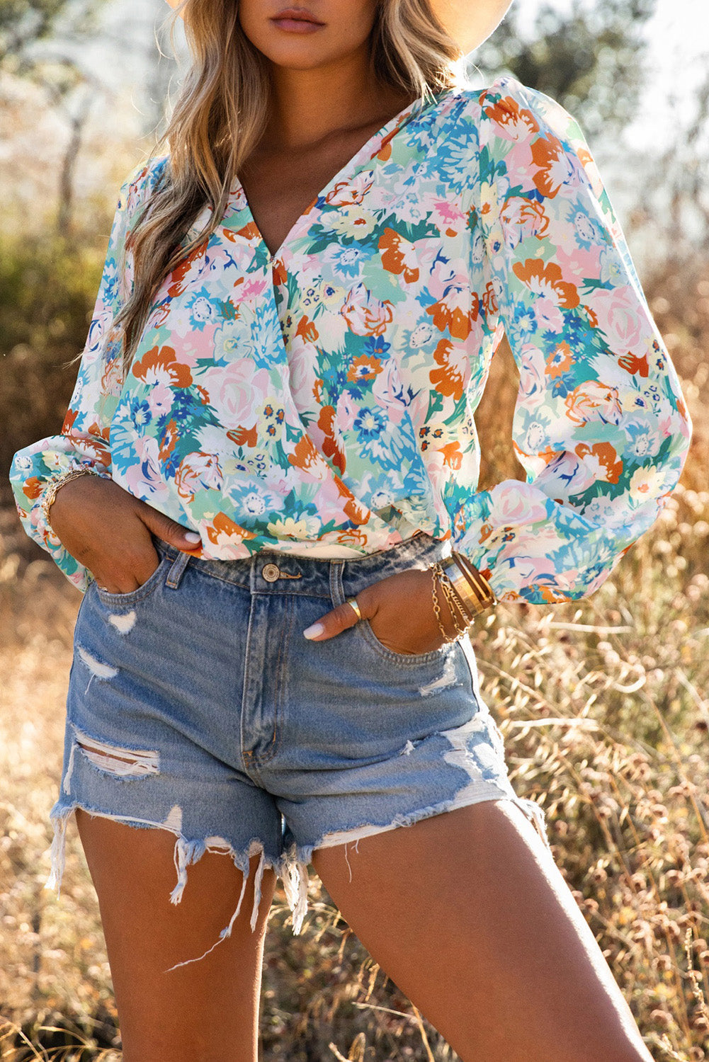 Bodysuit for Women Floral-Print Print Wrap