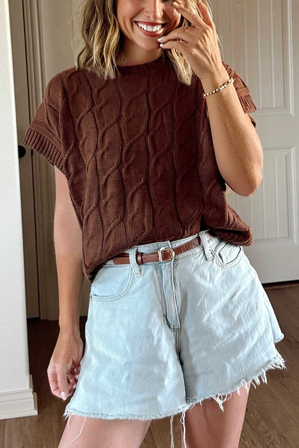 Crew-Neck Cable Texture Short-Sleeved Knit Top Top