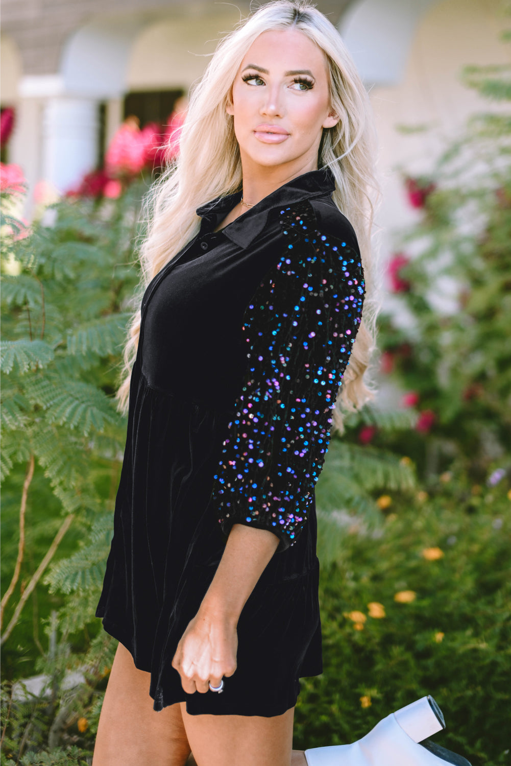 Shirt for Women Sequin Button-Front Velvet Peplum