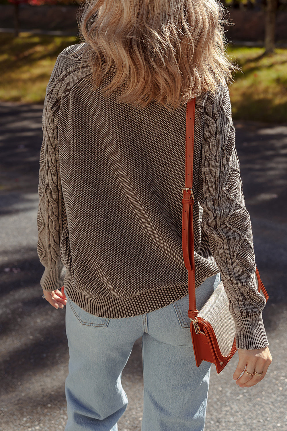 Contrast Cable Knit Sleeve Everyday Knit Top in Dark Brown