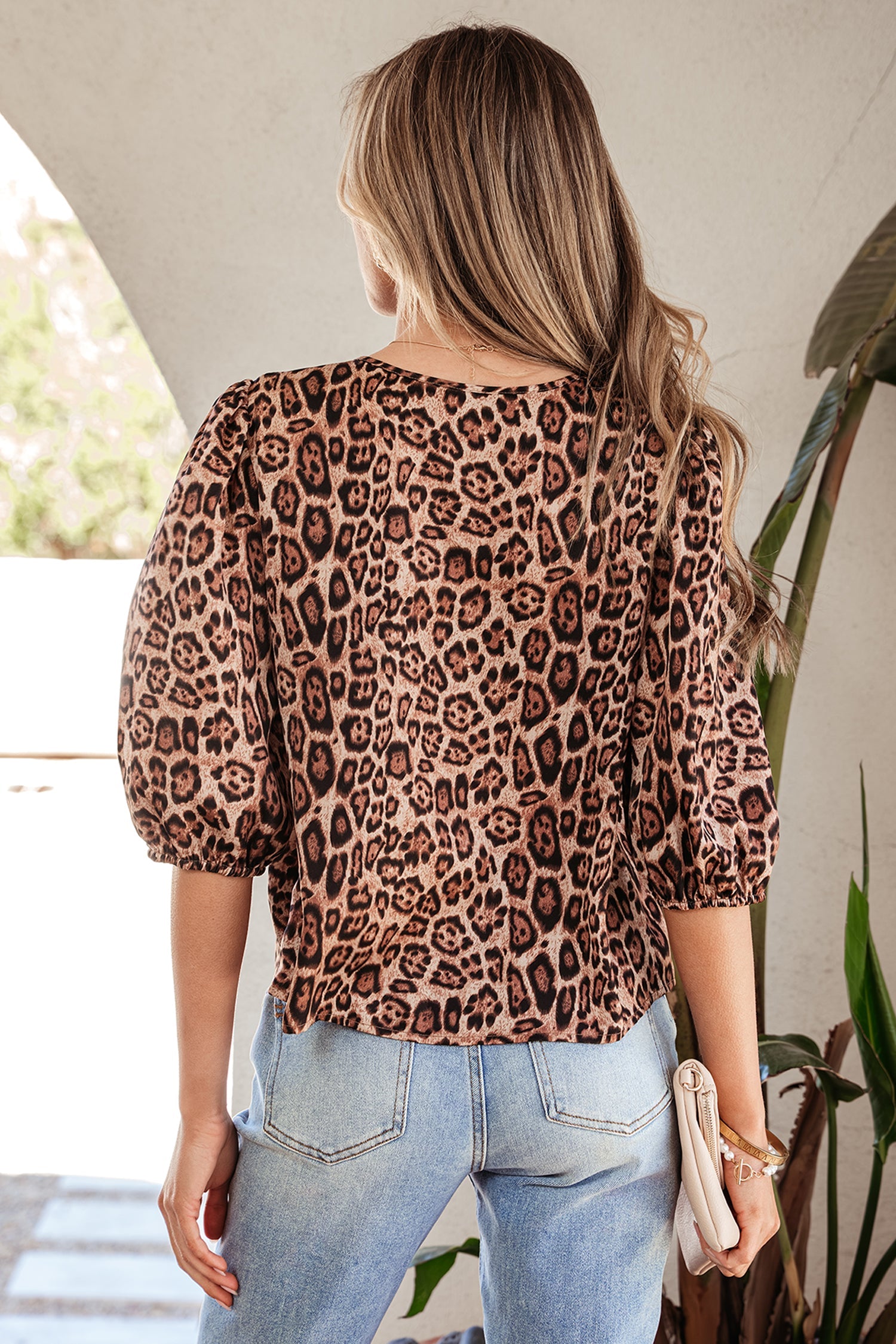 Tie Leopard Bow Puff Sleeve Blouse