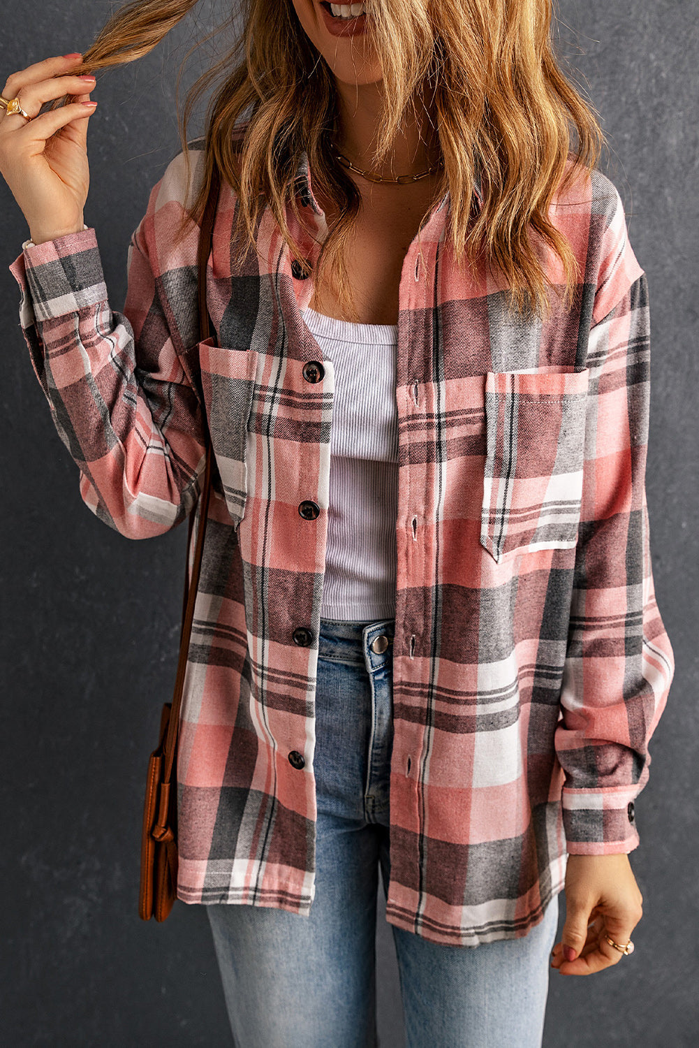 Women's Shacket with Pocket Shirt Plaid Button Up Patch