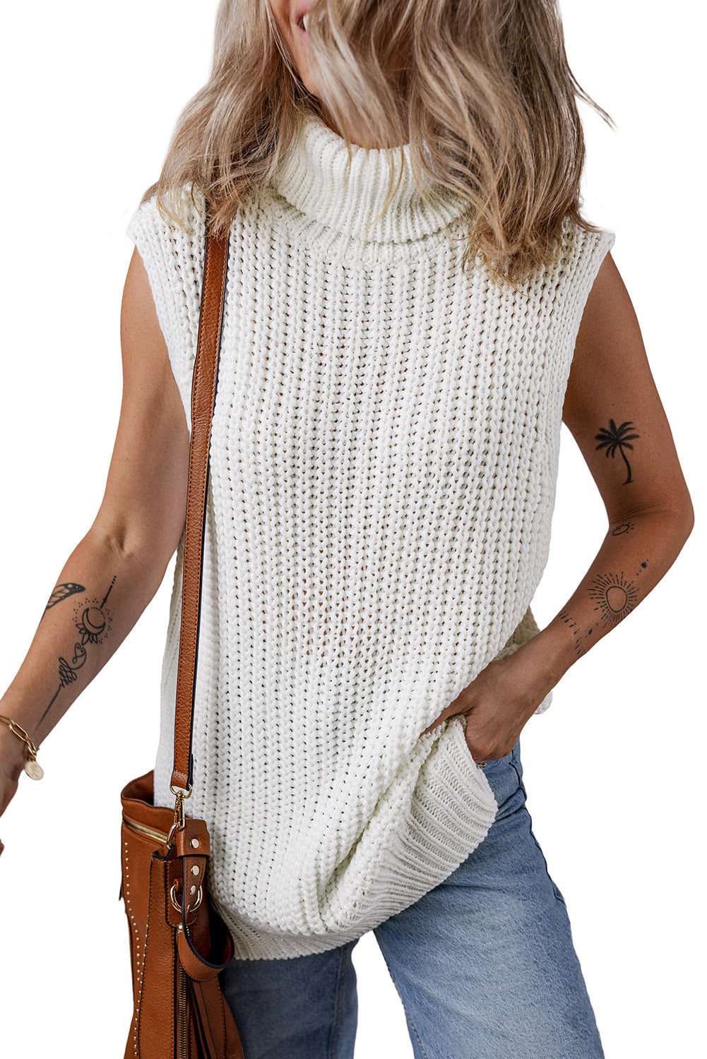 Women's Vest with Knitted Slit Hem Sweater Turtleneck