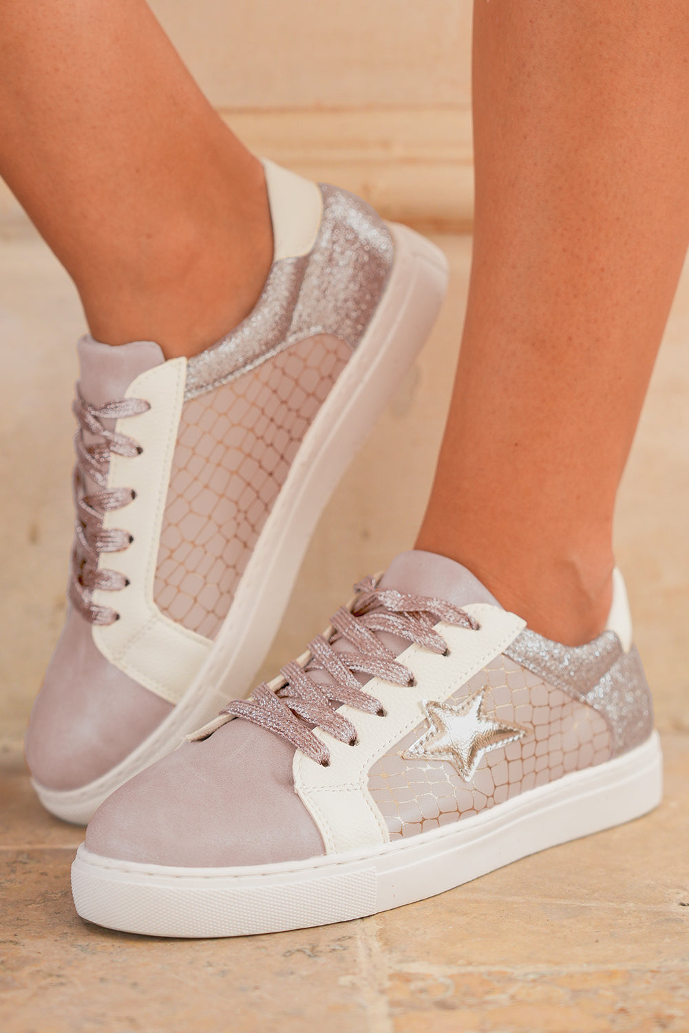 Star Patchwork Glitter Patchwork PU Leather Lace-up Sneakers