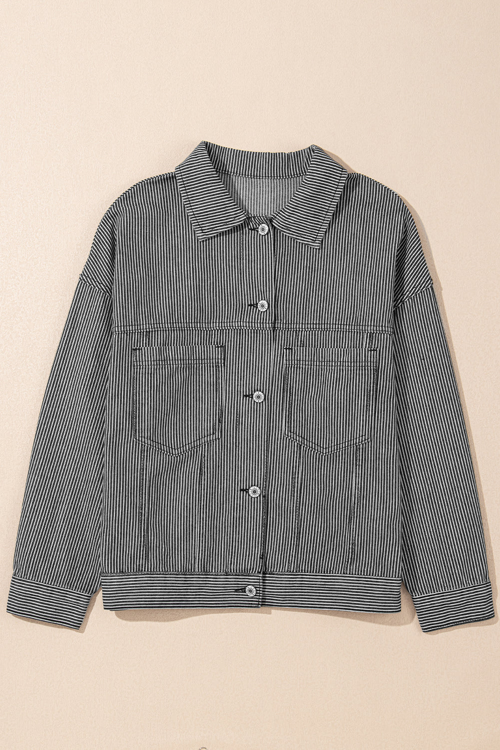 Washed Oversize Stripe Oversize Pocket-Detail Denim Jacket in Blue