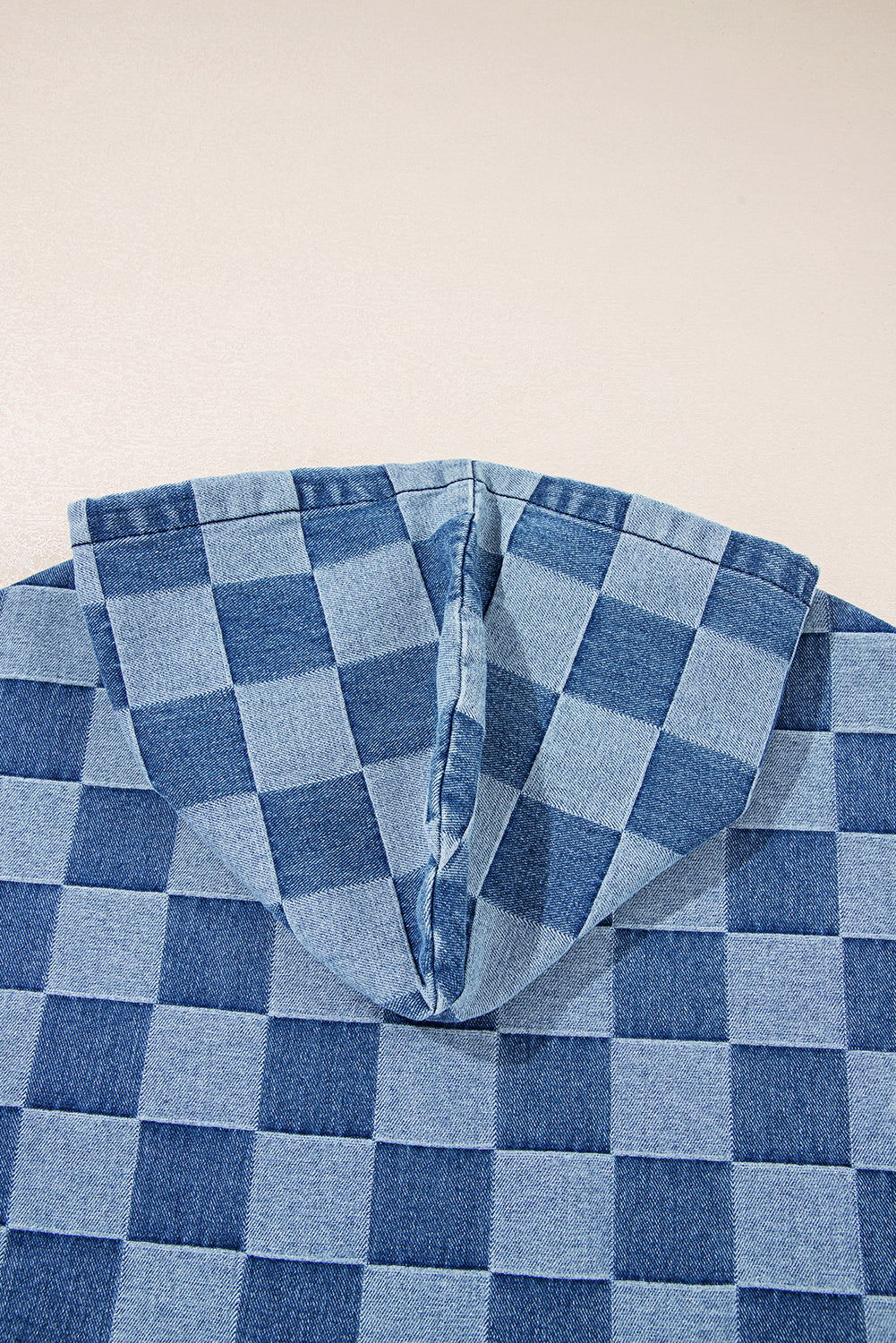 Neck Checkerboard Zip Kangaroo Pocket Denim Hoodie