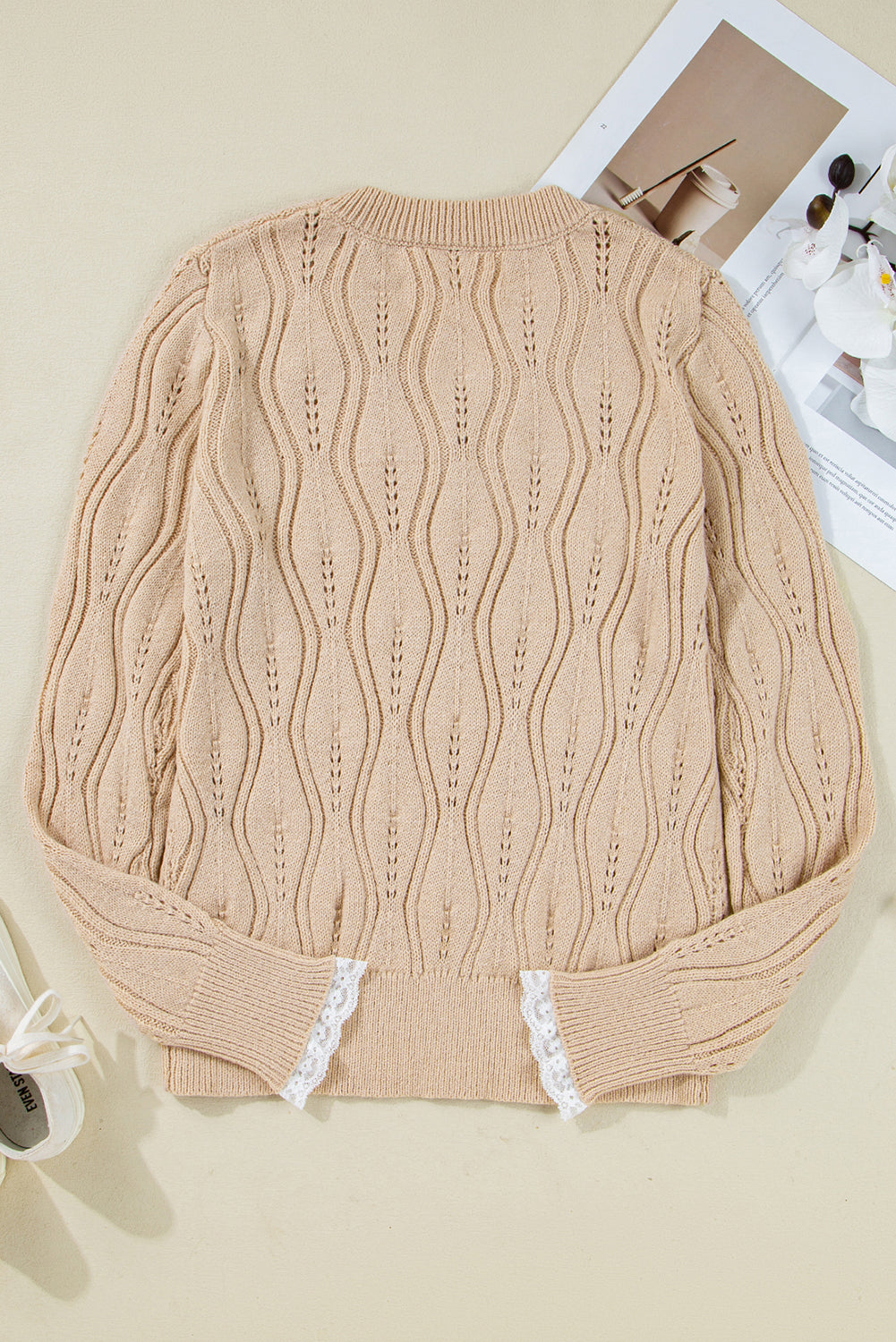 Beaded Pointelle Pearl Pointelle Knit V-Neck Lace Patchwork Sleeve Knit Top