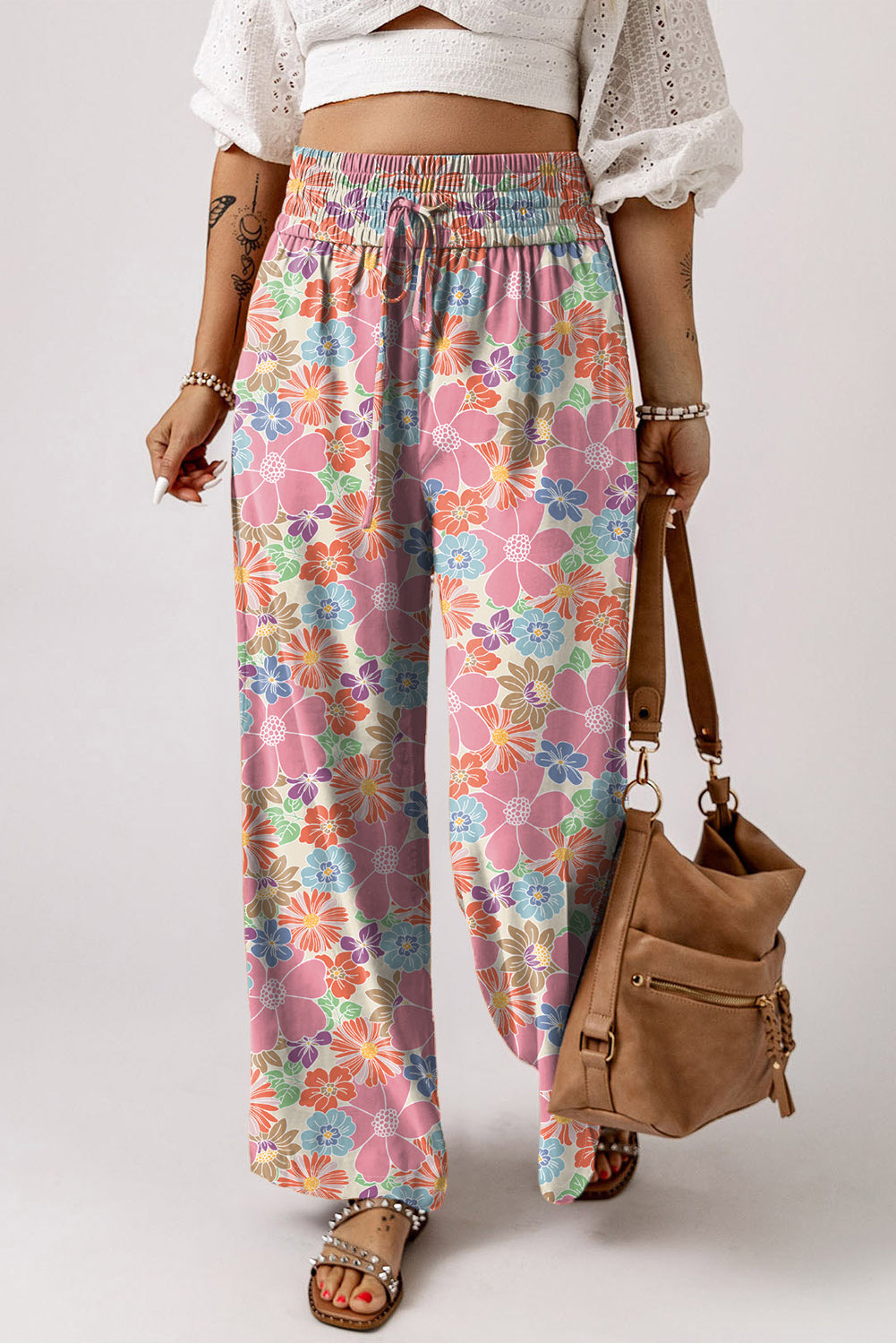 Women's Pants Featuring Shirred-Waist Loose Floral-Print