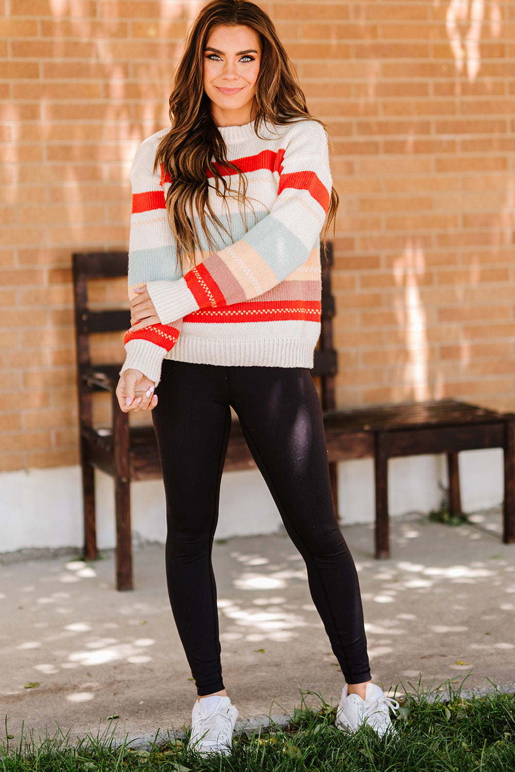 Women's Crew Neck Striped Color-Block Drop-shoulder Sweater