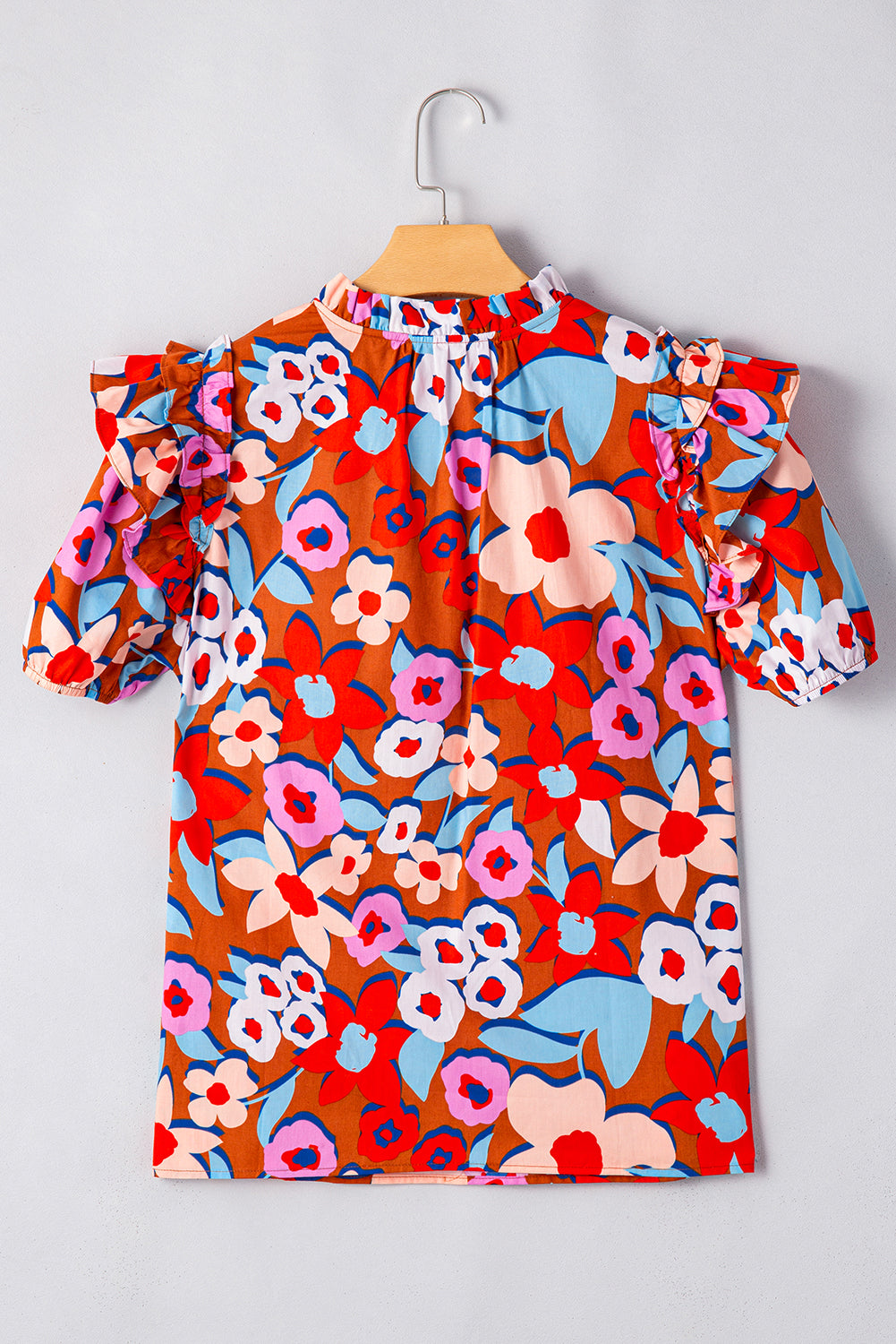 Flower Print Self Tie Frilled Collar Puff Sleeve Blouse