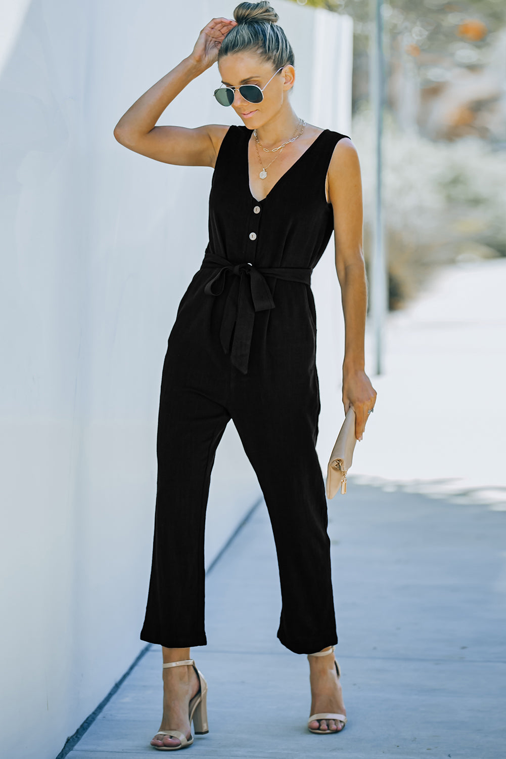 Women's Jumpsuit Featuring V Neck Belted