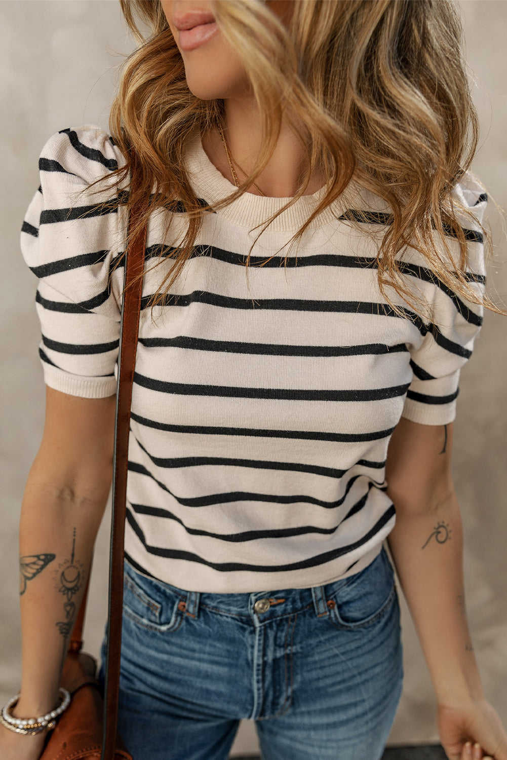 Trim Stripe Rib-Knit Knit Top in Black