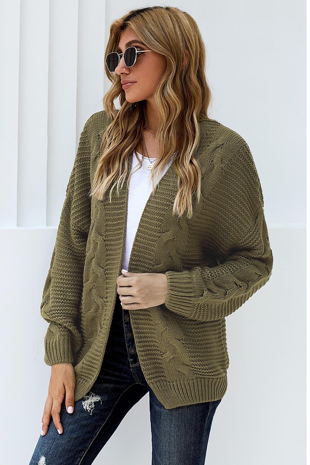 Women's Fashion Olive Chunky Wide Long-Sleeve Knit Cardigan