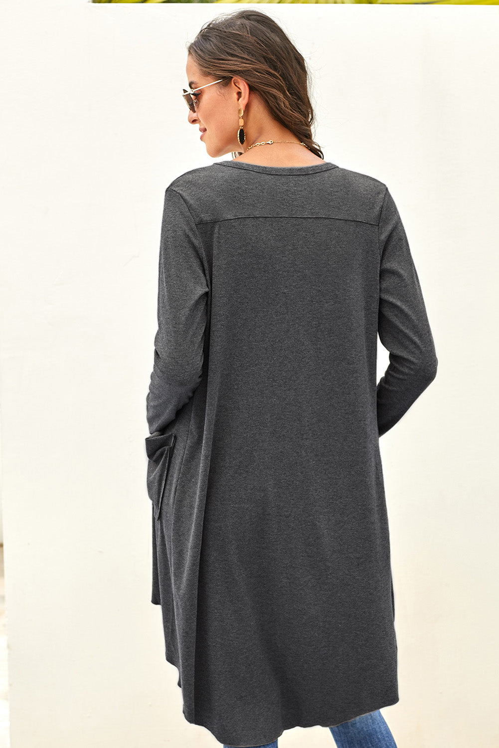 Long Cardigan for Women Gray Selected Button Down Pocket-Detail Knitted High Low