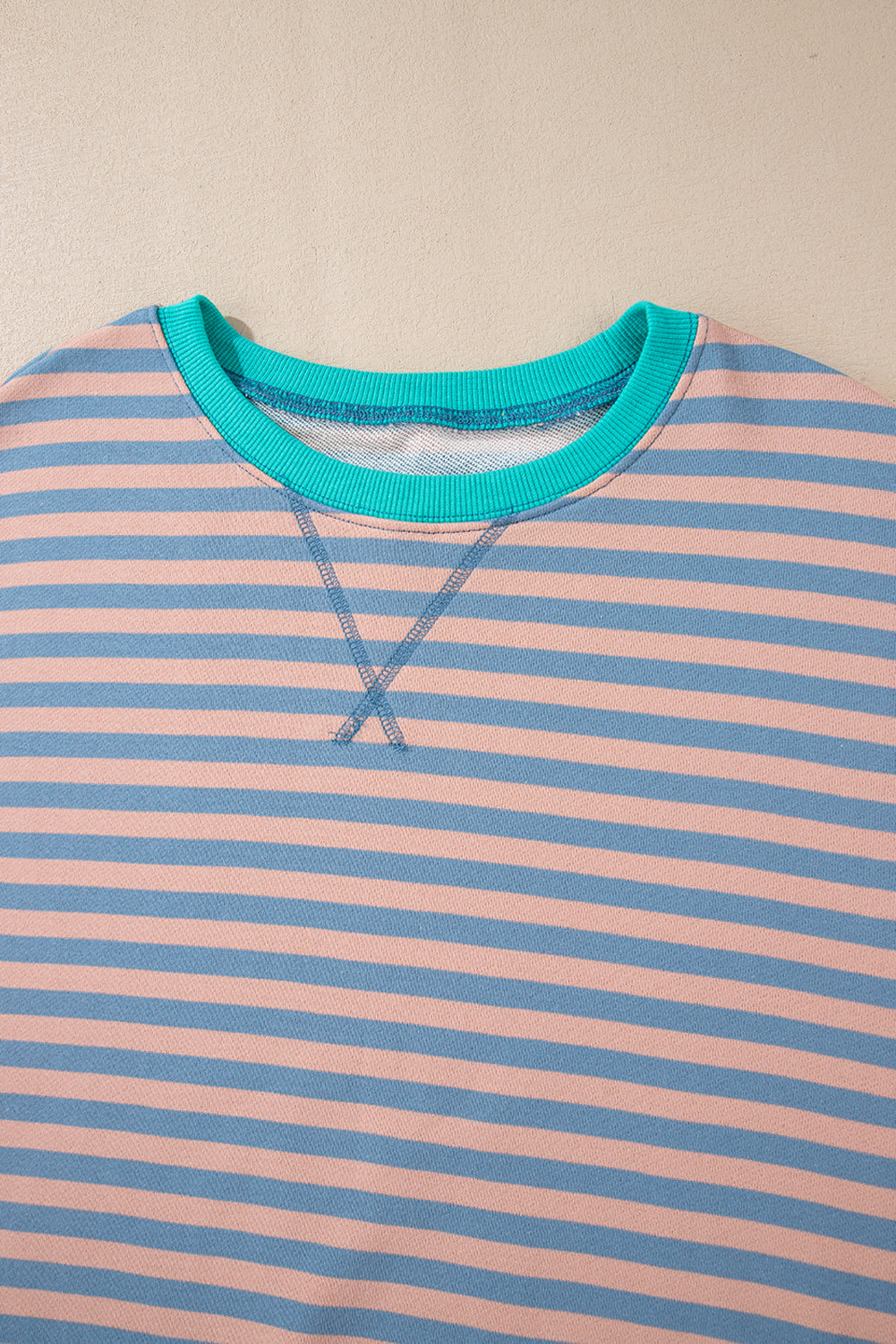 Rib-Knit Striped Contrast Trim Crossed Stitch Drop-Shoulder Sweatshirt