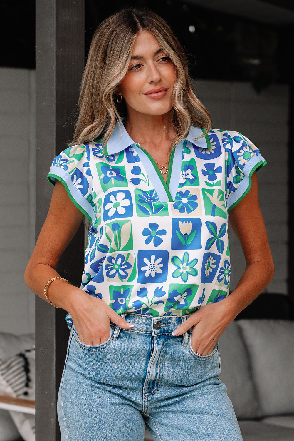 Colorblock Floral Plaid Trim Collar Flutter Sleeve Blouse