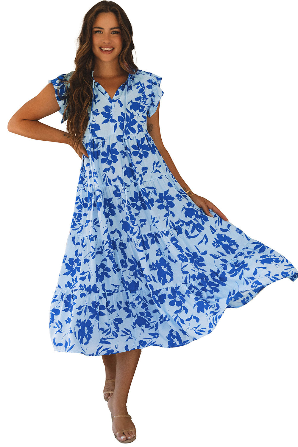 Maxi Dress: Floral-Print Pattern Flutter-Sleeve