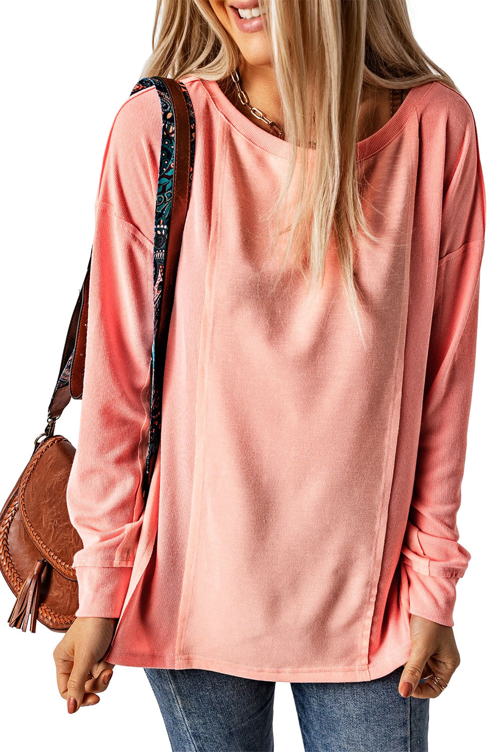 Women's Top Featuring Long-Sleeve Solid Patchwork