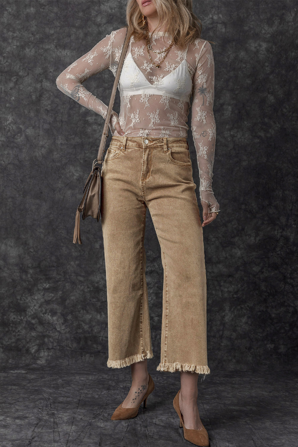 Women's Jeans Featuring Acid Washed High Rise Cropped Wide-Leg