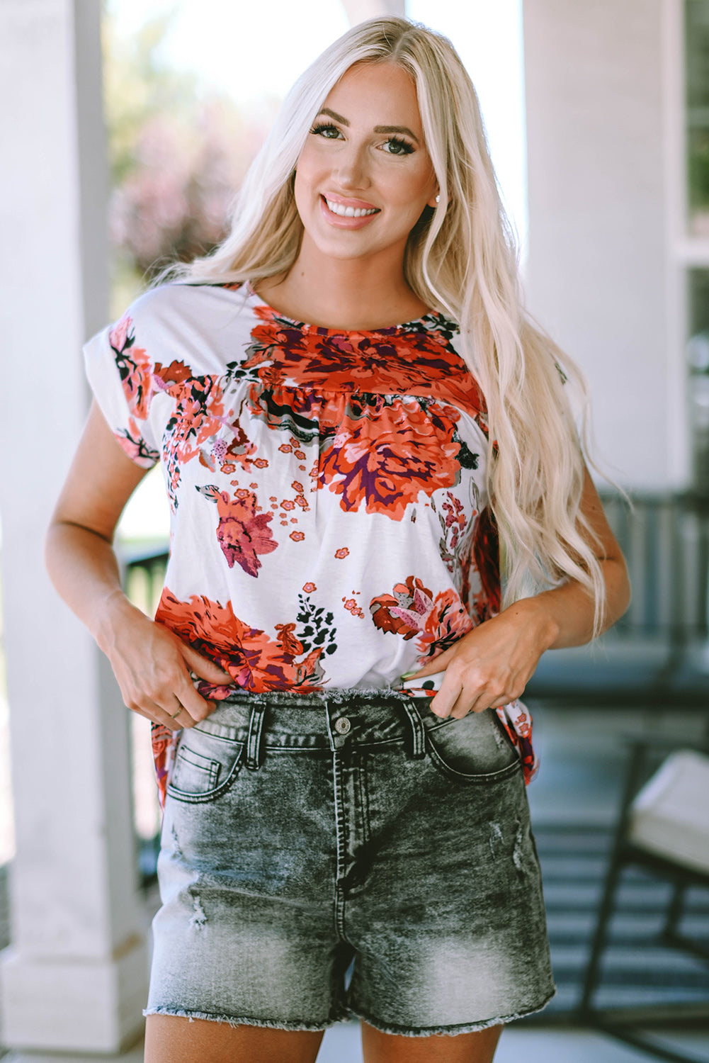 Blouse for Women Short-Sleeve Round Neck Floral-Print