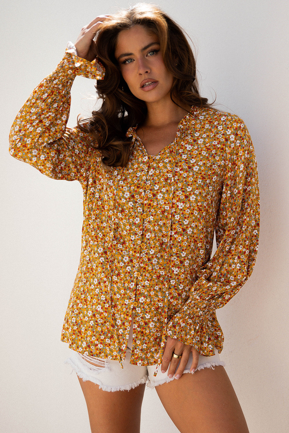 Ruffled Boho Floral Bubble Sleeve V-Neck Fall Blouse