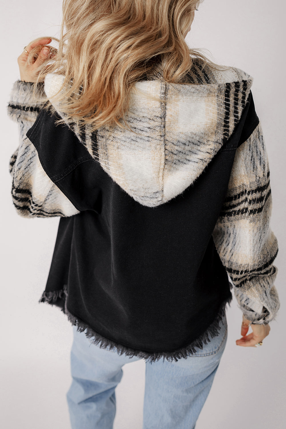 Denim Jacket with Plaid-Patterned Sleeve Frayed Hem Hooded
