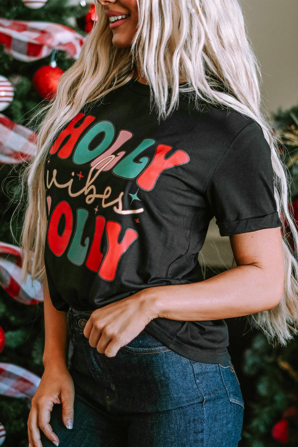 T Shirt for Women Crew Neck HOLLY JOLLY Vibes Christmas