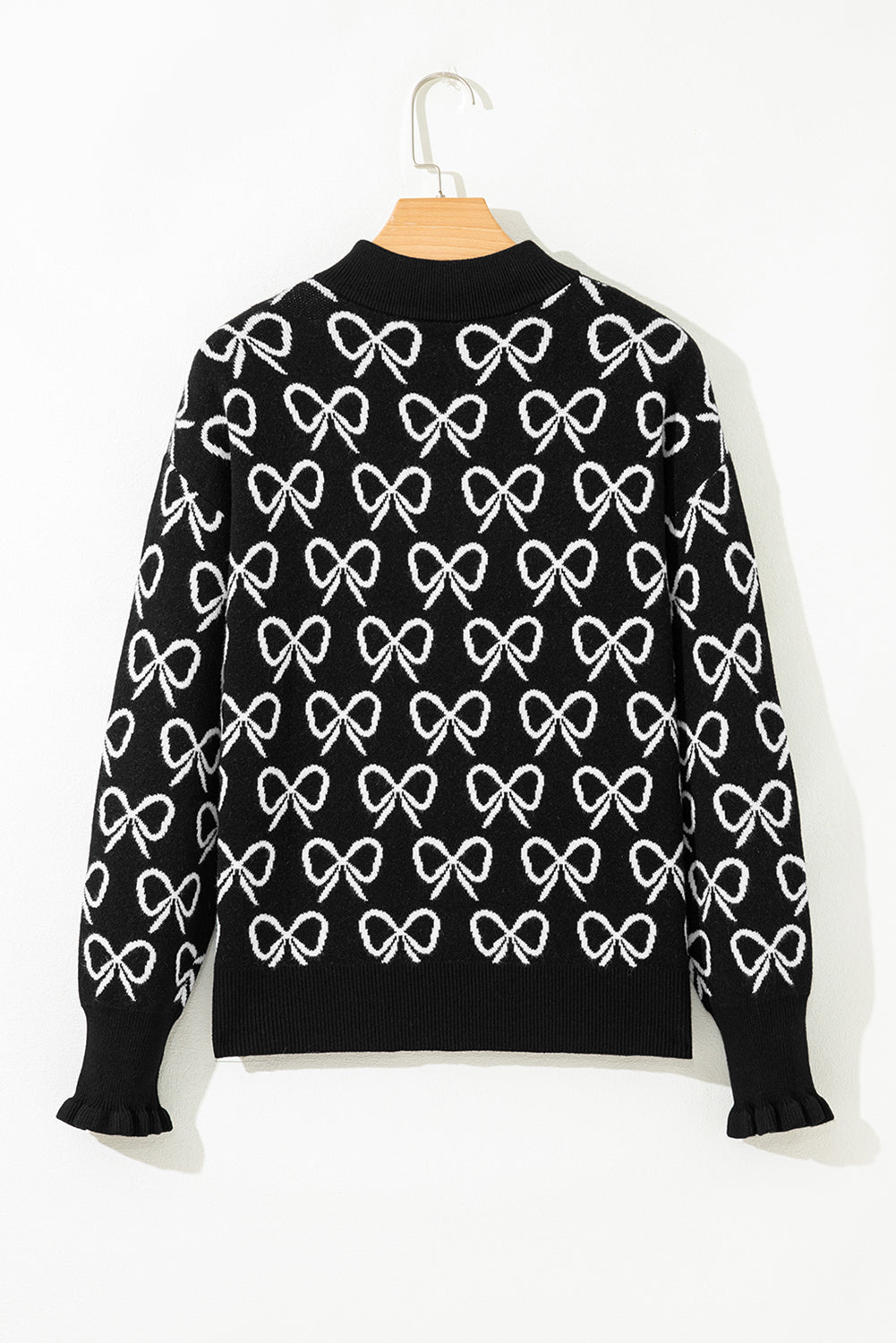 Bow Pattern Cute Pattern Drop-Shoulder Zip Collar Knit Top