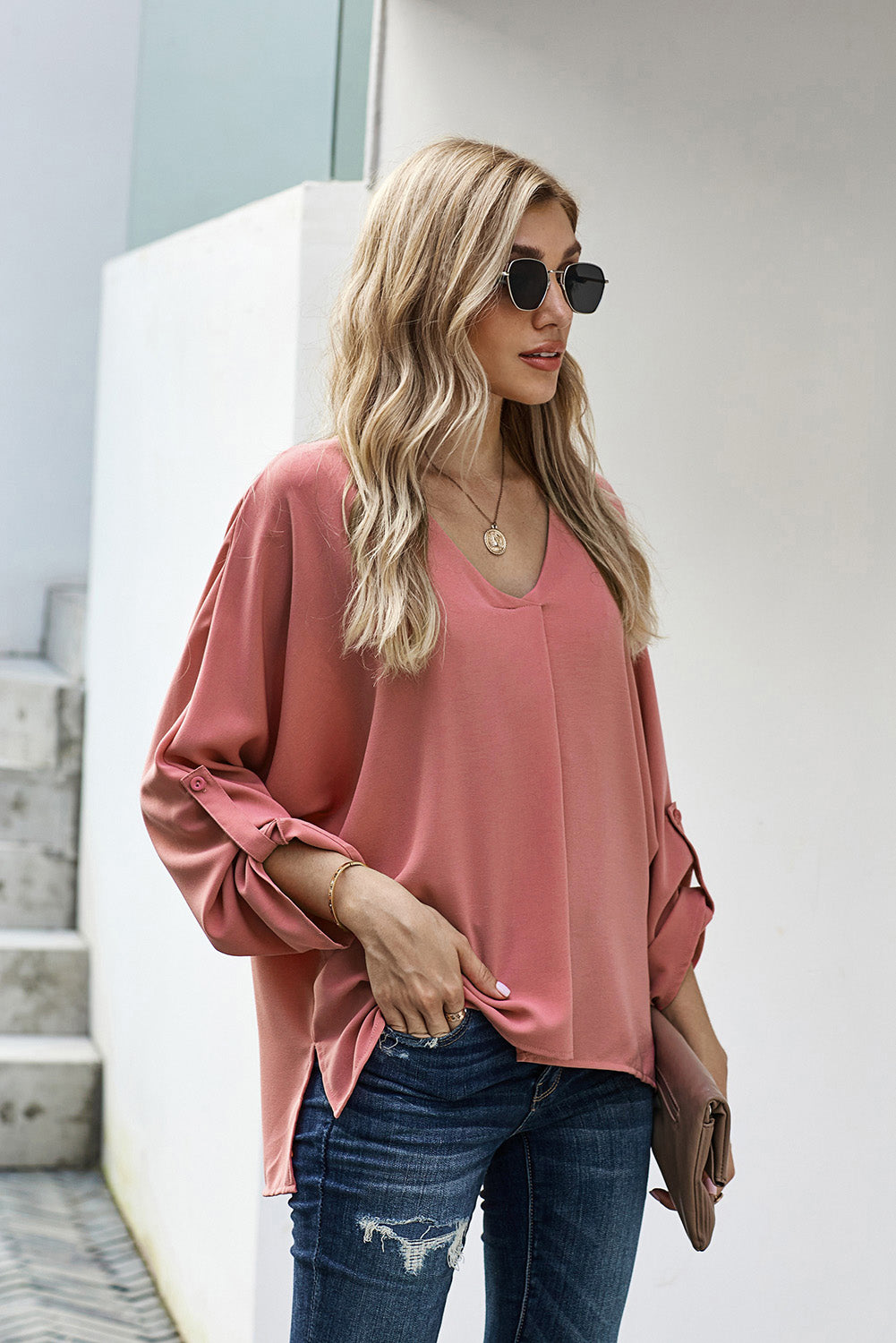 Shirt for Women Pink V Neck Three-Quarter Sleeve High Low Hem