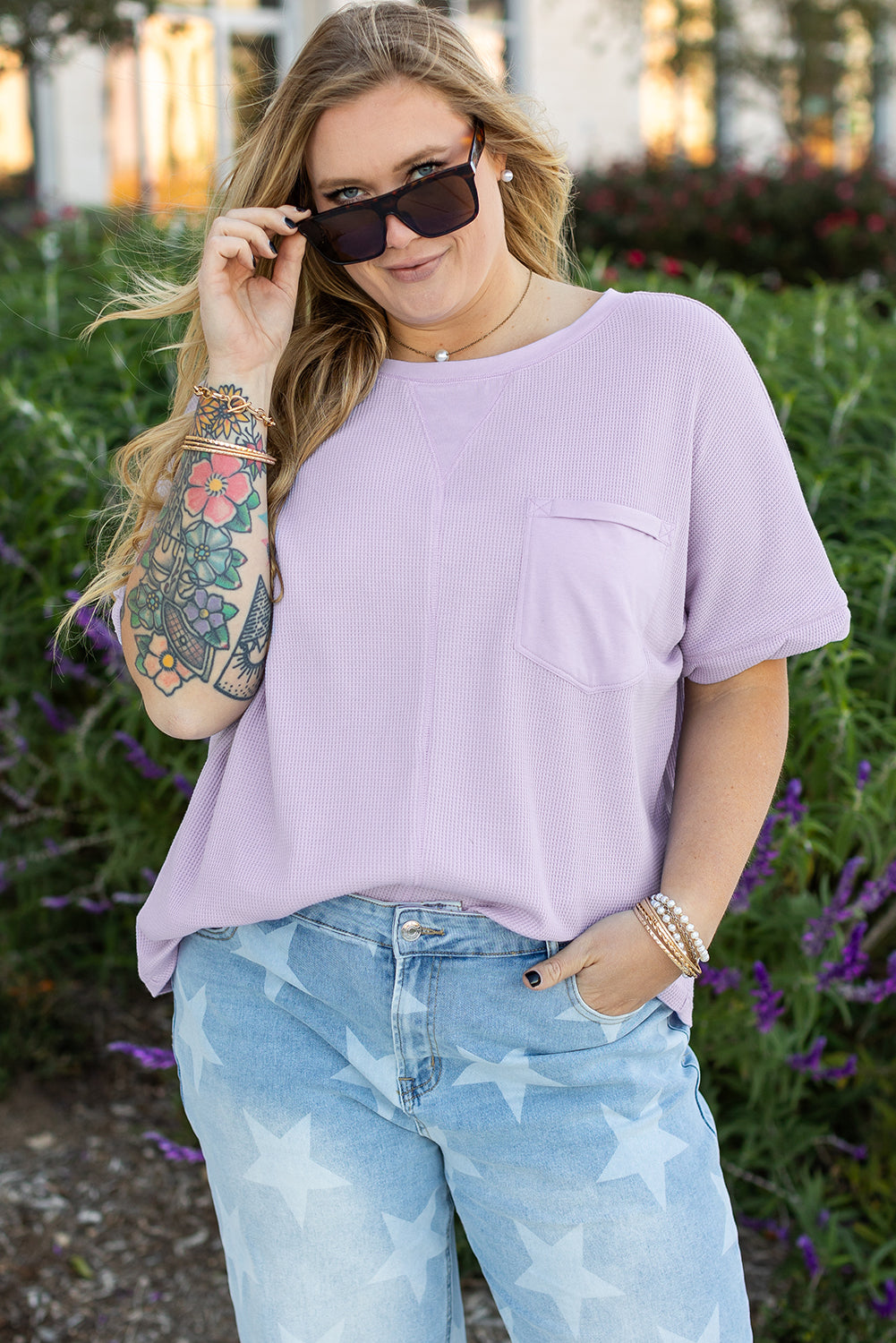Waffle Knit Short Sleeve Patched Pocket Plus Size Top