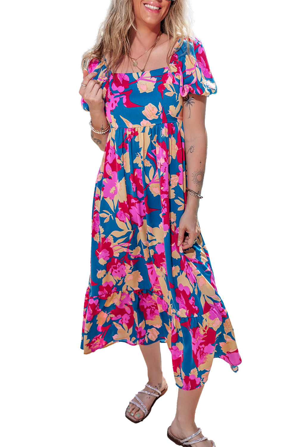Women's Dresses with Square Neck Bubble Sleeve