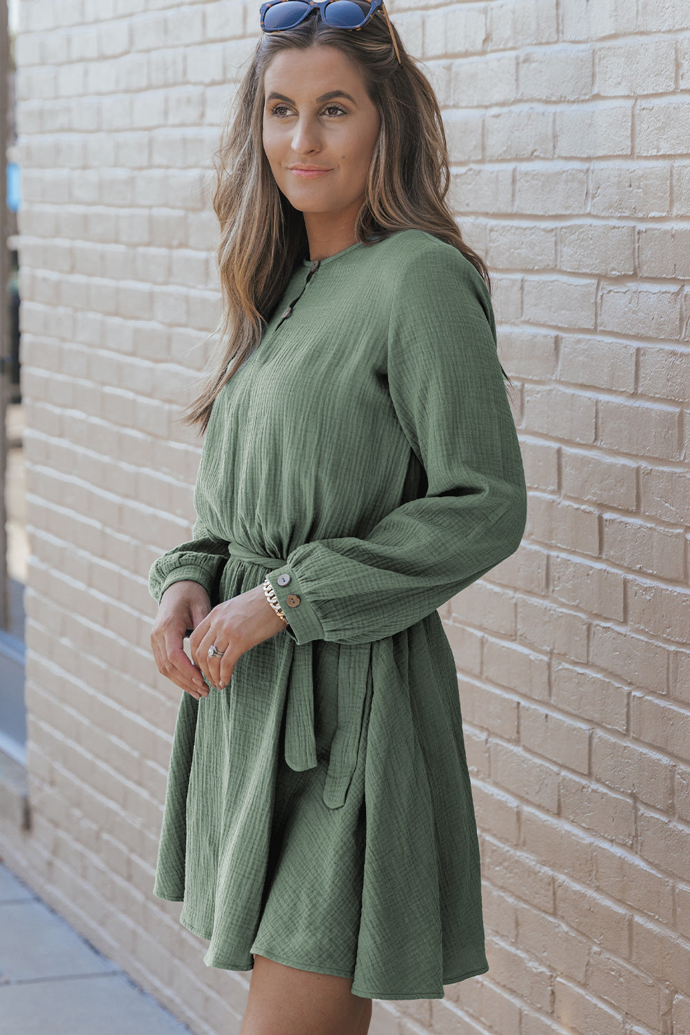 Women's Mini Dress with Button Neck Belted Pleat-Detail